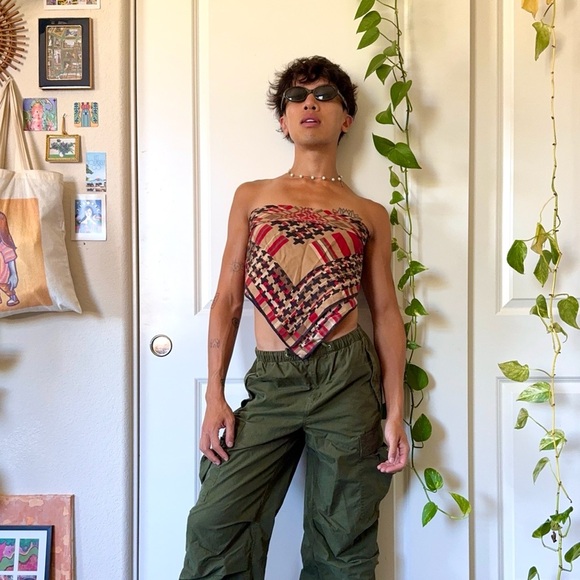 Vintage Silk-Blend Red & Tan Checkered Scarf Top - Picture 2 of 7